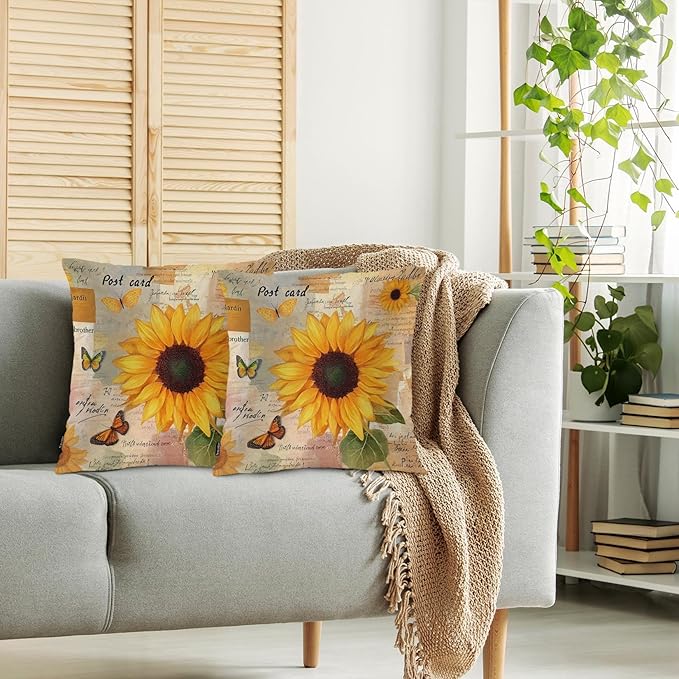 Swono Sunflower Set of 2 Decorative Throw Pillow Covers Cushion Case, Vintage Sunflowers Butterflies Farmhouse Pillowcase Cozy Pillow Cover for Couch Sofa Bed Garden Chair Car 18 X 18 Inch