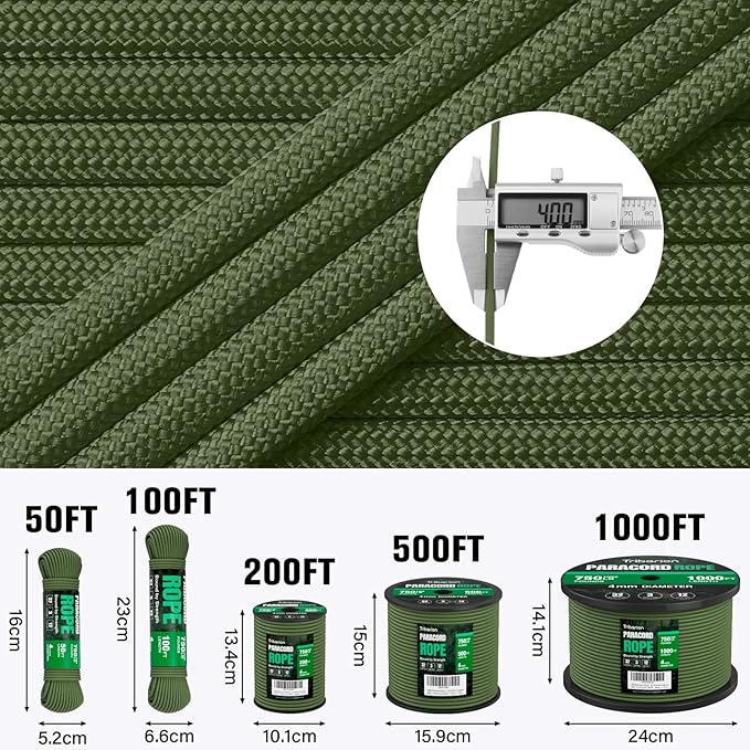 Paracord Rope 750 lb - 1000ft 5/32" Parachute Cord 4MM 12-Strand para Cord - Heavy Duty Spool String for Survival,Camping Gear, Survival Bracelet, Clothesline - Army Green