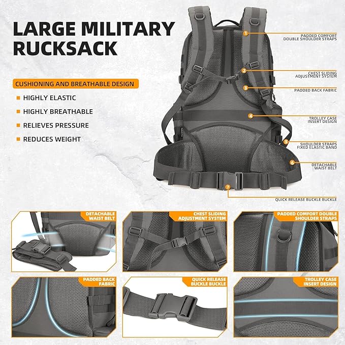 50L Military Tactical Backpack 3 Day Assault Pack Molle Daypack Hiking Backpack for Men and Women