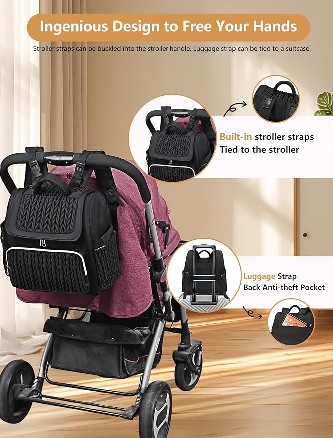 Awanhe Diaper Bag Backpack, Baby Bag with Changing Pad, Travel Waterproof Diaper Bag Tote, Newborn Essentials Must Haves, Luxury baby shower gifts for boys & Girls, Black