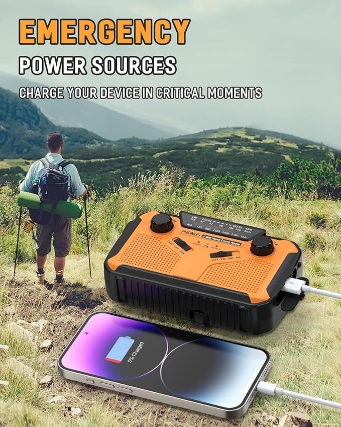 PRUNUS J-369 11100mWh Emergency Weather Radio, AA Batteries/Hand Crank/Solar/USB Charging, NOAA/AM/FM, LED Flashlight and Reading Lamp,SOS Alarm & Flashlight Portable