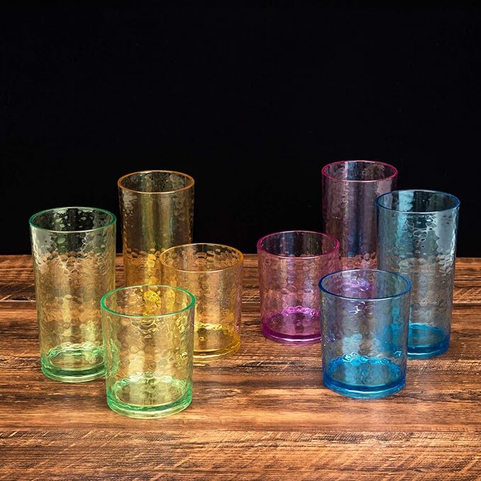 KX-WARE 14-ounce and 20-ounce Acrylic Glasses Plastic Tumbler, set of 8 Multicolor - Hammered Style, Dishwasher Safe, BPA Free