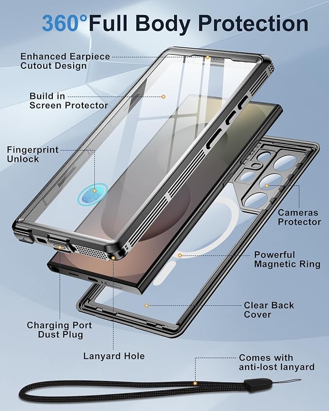 for Samsung Galaxy S25 Ultra Waterproof Case, [Fit for Magsafe] [IP68 Water Proof] [Built-in Screen Protector], Magnetic Heavy Duty Military Grade Rugged Phone Case for S 25 Ultra 6.9", Black
