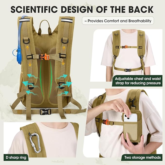 RAINSMORE Tactical Hydration Backpack 18L with 2L Water Bladder & Rain Cover, Insulated Molle Hiking Daypack, Lightweight Waterproof Ripstop Water Pack for Outdoor Cycling, Hiking