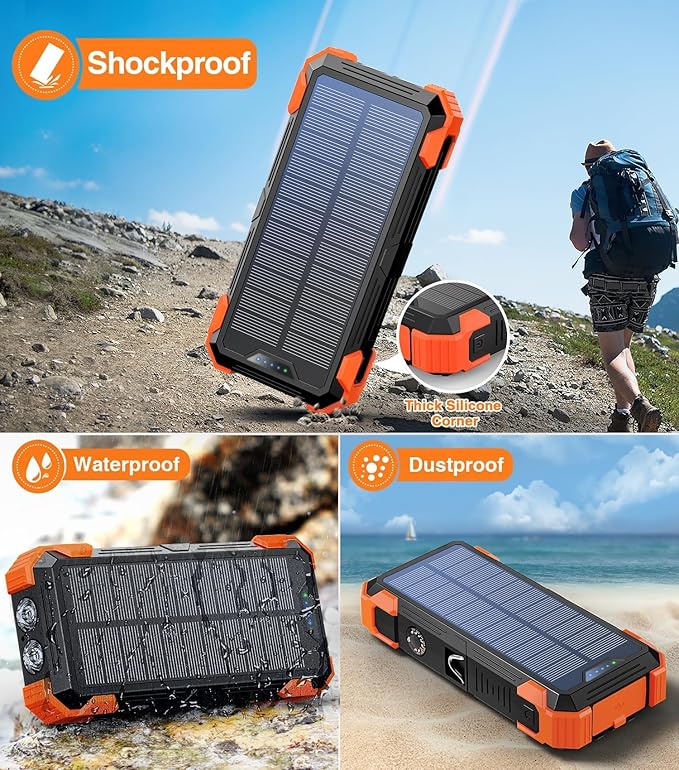 Sudrov Solar Charger Power Bank, 42800mAh Wireless Portable Charger with USB-C in/Output, QC3.0 Fast Charging 15W 4 Ports Outdoor Battery Pack Built-in LED Flashlight, for iPhone, Galaxy, iPad etc