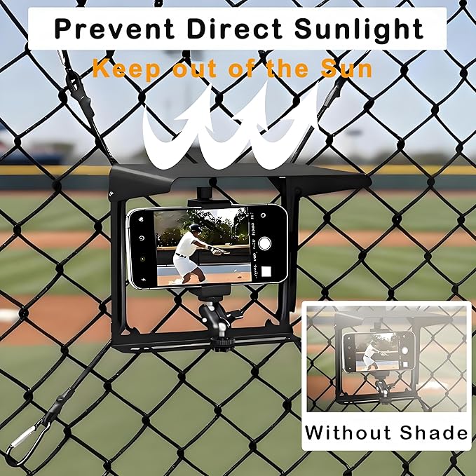 Cell Phone Fence Mount with Shade for iPhone, Mevo Start, Phones, Go Pro and Other Action Cameras, Adjustable Mounting Kit for Gamechanger for Recording Baseball, Softball and Tennis Games