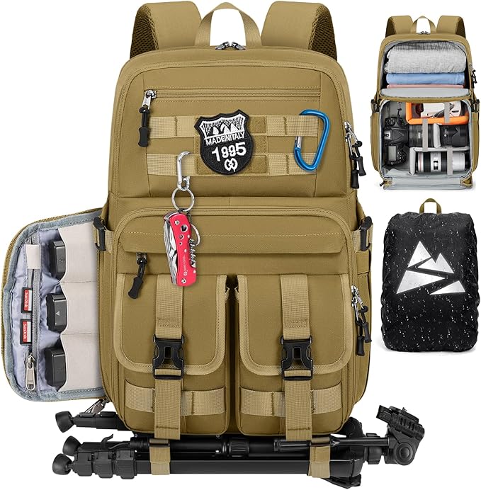RAINSMORE Camera Bag Backpack for DSLR/SLR/Mirrorless Camera Bags for Photographers 15.6 Inch Waterproof Tactical Photography Backpack Case with Rain Cover & Tripod Holder, Khaki