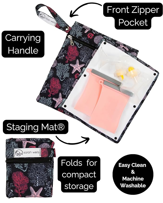 Sarah Wells Pumparoo Wet Dry Bag for Breast Pump Parts – Compact Organizer with Waterproof Pocket, Staging Mat & Fridge Hack – Machine Washable Pumping Accessory (Ocean)