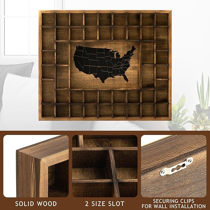 GlikCeil Large Map Slots Shot Glass Display Case Rustic Wood Holder for Different Size Shelf Organizer Wall Mount Pint Shot Glass Storage(Brown,28 x 22.6'',American Map)