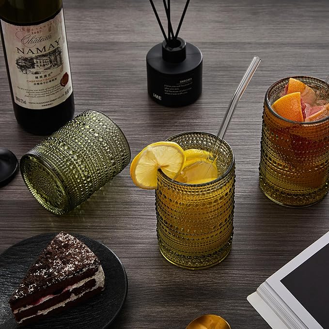 HomeVogue Hobnail Drinking Glasses Set of 6,15 oz Vintage Glassware Set Cocktail Glass Set, Embossed Green Water Tumbler,for Beer, Whiskey,Juice and Various Mixed Drinks (15oz Green)