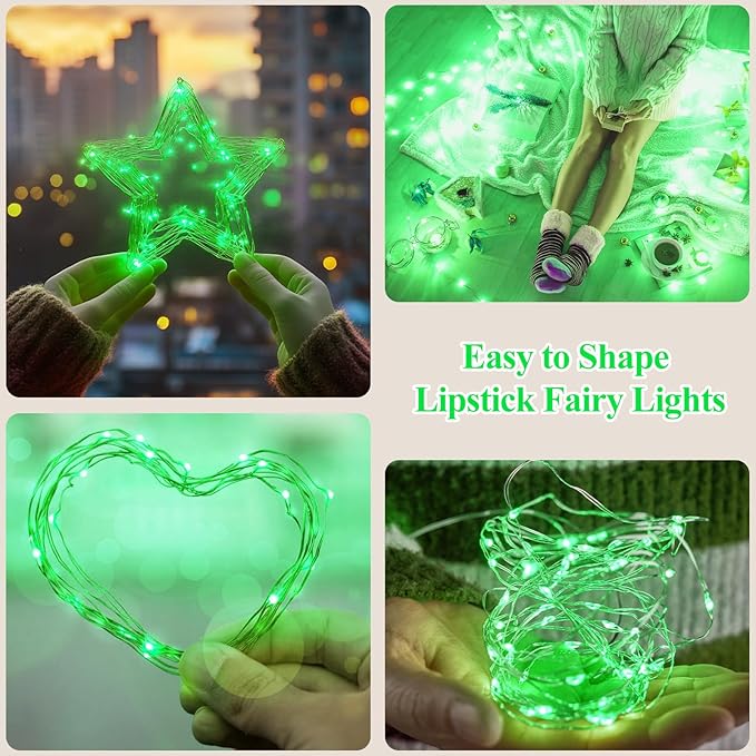 Lakumu Fairy Lights Battery Operated St. Patrick's Day, Rechargeable Copper Wire Battery Powered String Lights with Timer & 8 Modes for Bedroom Christmas Decoration Party Wedding (5M/16FT Green)