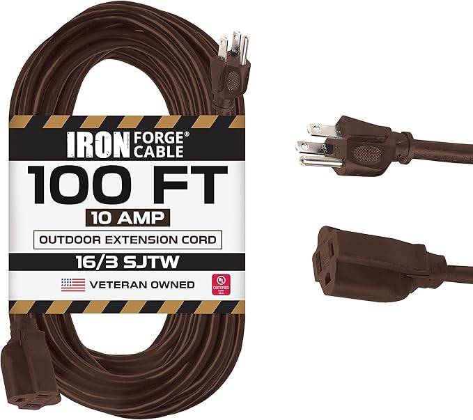 Iron Forge Cable Outdoor Brown Extension Cord 100 ft - 16 Gauge 10 Amp Heavy Duty Brown Outdoor Extension Cords 3 Prong - 16/3 SJTW Great for Outdoor