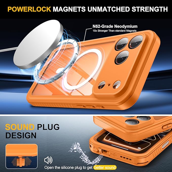 ANTSHARE for iPhone 17 Pro Max Case, Compatible with Magsafe, IP68 Waterproof Case, [Built-in Screen Protector] - 12 FT Military Dropproof - Full Body Heavy Duty Rugged Phone Cover - Orange/Clear