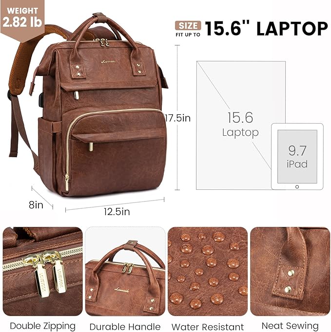 LOVEVOOK Leather Laptop Backpack for Women 17 inch, Travel Backpack Purse, Professional College Business Work Bag with USB Port, Red Brown