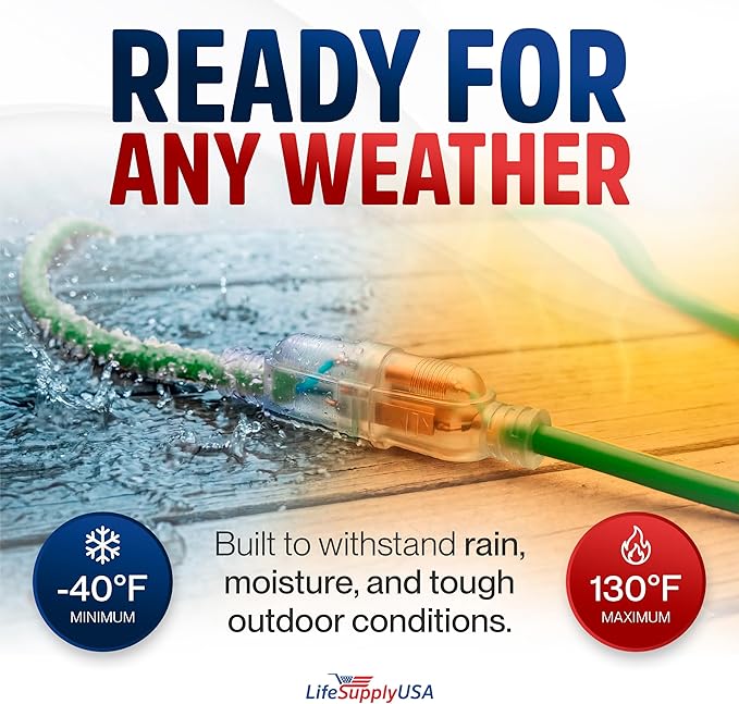 10ft Outdoor/Indoor Extension Cord 12/3 Gauge Extra Heavy Duty 3 Prong SJTW, Waterproof, Flexible Cold-Resistant Long Power Cord,15A 125V 1875W, Green by LifeSupplyUSA