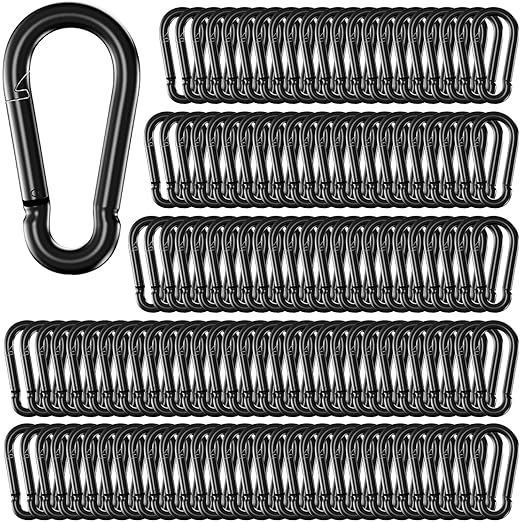 150 Pack 2.36" M6 Spring Snap Hook Carabiners - Heavy Duty Galvanized Steel Keychain Clips for Hammock, Swing, Camping, Hiking & Outdoor Gear (Black)