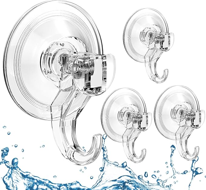 Quntis Suction Cup Hooks 4 Pack, Multi-Purpose Clear Shower Suction Hooks Waterproof Heavy Duty Wreath Hanger for Bathroom, Window, Towel, Shower Wall, Tile, Glass Door, Camper