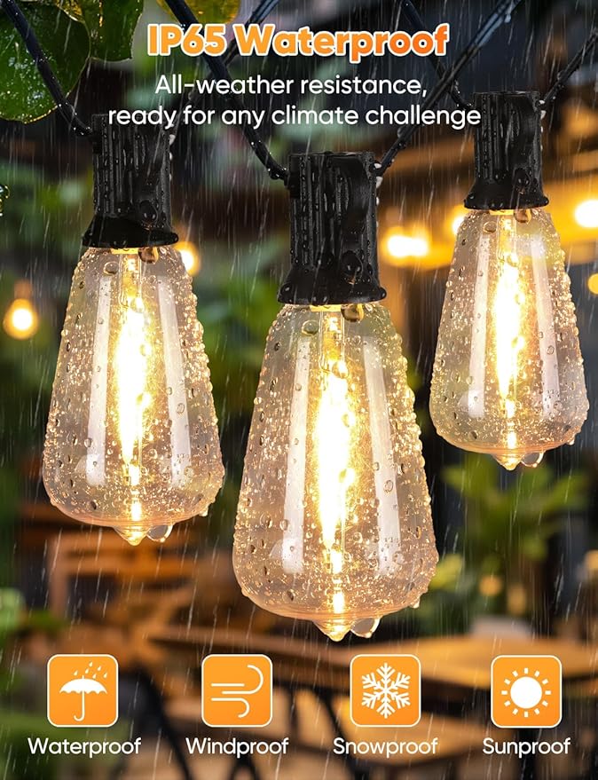 Brightever 200FT Outdoor String Lights with Remote, 2700K/4000K/5000K Selectable LED Patio Lights with 60+2 ST38 Vintage Edison Bulbs, 3 Lighting Modes, 3H/5H Timer, Dimmable String Light for Outside
