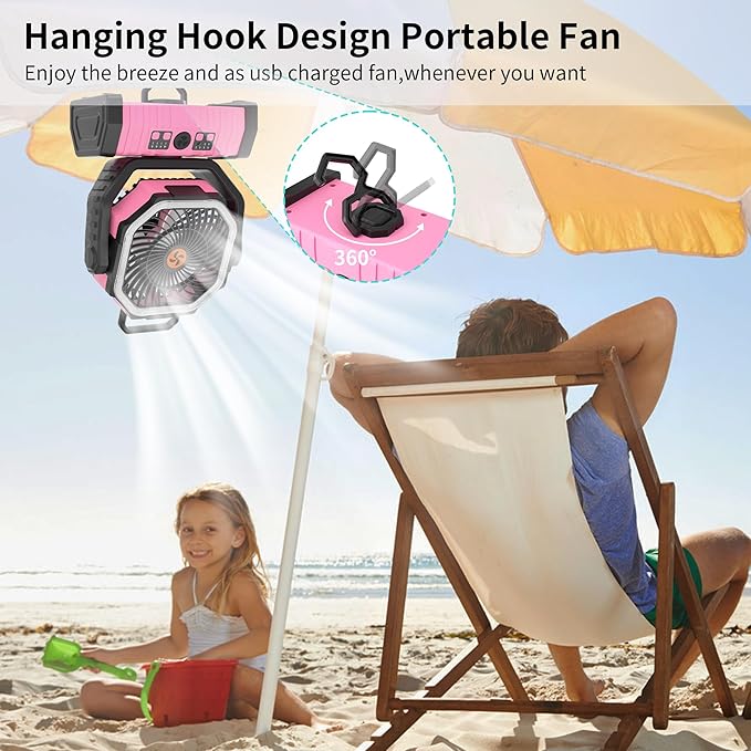 20000mAh Camping Fan Battery Operated Fans Portable,Portable Rechargeable Battery Powered Fan with LED Light,360°Oscillating & 8H Timer Camping Essentials Fans with Hook pink fan