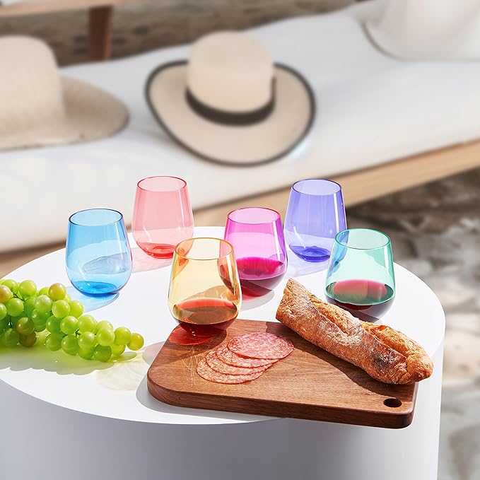 European Style Plastic Crystal Unbreakable Stemless Wine Glasses | Set of 12 | Acrylic Glasses Tritan Bright Color Shatterproof BPA-free, Outdoor, Pool, Indoor, Hand Wash 15oz Gift, Everyday & Holiday