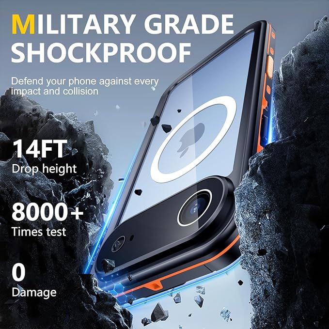 Red2Fire for iPhone Air Case Waterproof, [Built-in Screen Protector & Camera Protector][Compatible with MagSafe][Full Body Shockproof][IP68 Waterproof][Dustproof] Phone Case 6.5" Orange/Clear