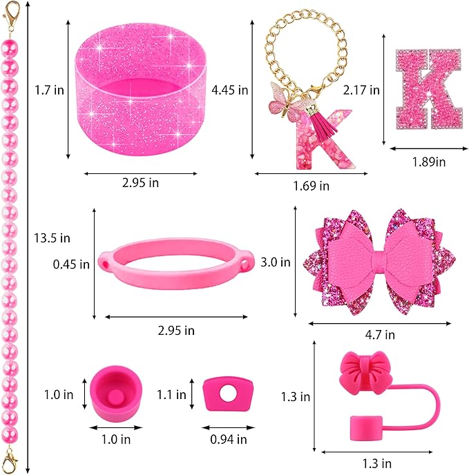 9PCS Hot Pink for Stanley Cup Accessories Set Bling Initials Bow Charms for Stanley Decorations 30/40 Oz Tumbler Accessories Including Bow Straw Topper, Handle Strap, Spill Stopper（Letter K）