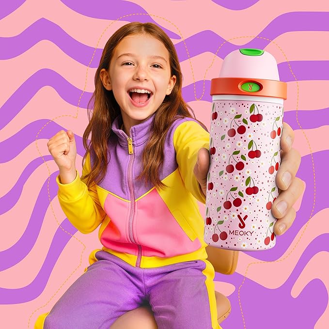 18 oz Insulated Water Bottle for Kids: Meoky Stainless Steel Water Bottle with 2-in-1 Straw and Spout Lid - Leak Proof, Cold for 24 Hours, BPA-Free for Girls School Sports, Sweet Cherry