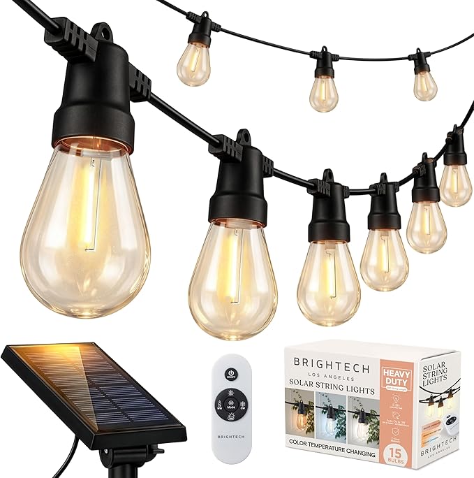 Brightech 48 (42+6) FT Ambience Pro Outdoor Solar String Lights - Bright Remote Control Color Adjustable Solar Light - Commercial Grade, 15 Waterproof LED Bulbs for Patios, Camping, Yard, Outside
