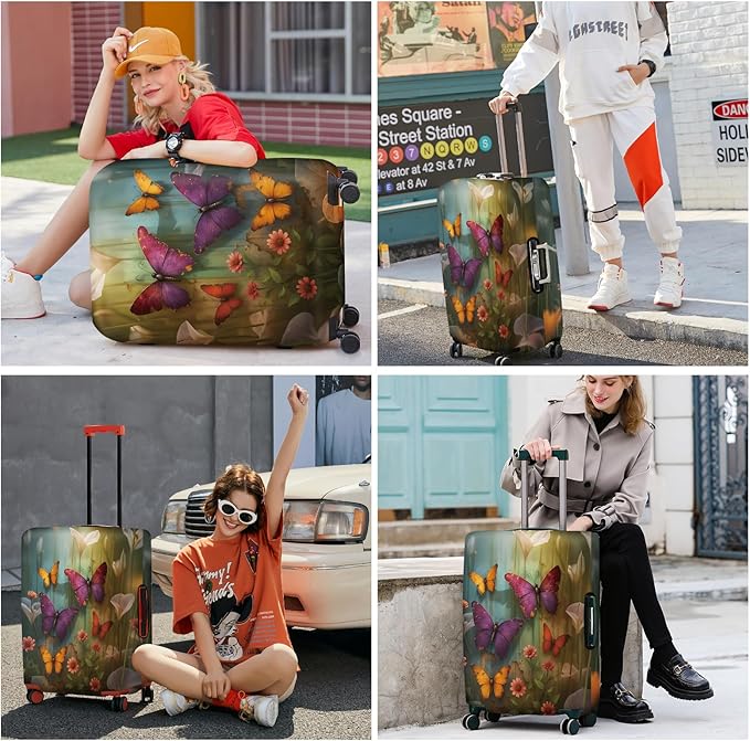 ANNA QUEEN Butterfly Garden Luggage Cover, Colorful Butterfly and Flower Suitcase Protector, Stretchable Washable Travel Sleeve for 20-22 Inch Luggage