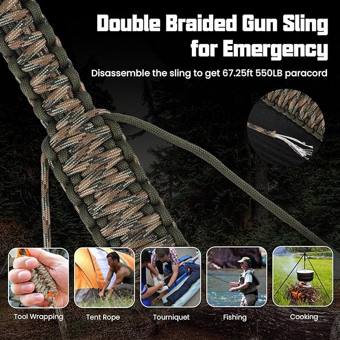 Double Braide 550LB Shotgun Sling 2 Point Paracord Rifle Sling,Non-Slip Traditional Adjustable Gun Sling for Hunting Shooting Camping