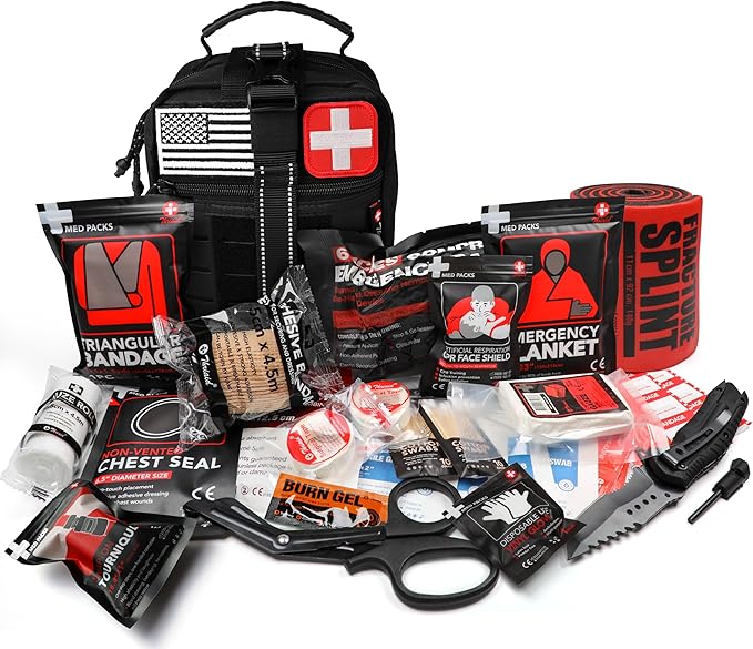 Survival First Aid Kit with Israeli Bandage, Chest Seal, Tourniquet, Splint, Tactical Military Combat Molle IFAK for Wound Care, Bleeding Control, Trauma Hemorrhage and More (Black)