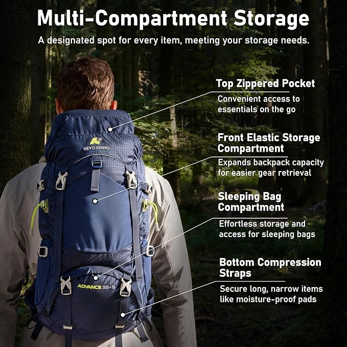 N NEVO RHINO 40L Internal Frame Hiking Backpack for Men Women with Rain Cover, Lightweight Outdoor Backpacking Backpack for Camping, Hiking, Traveling