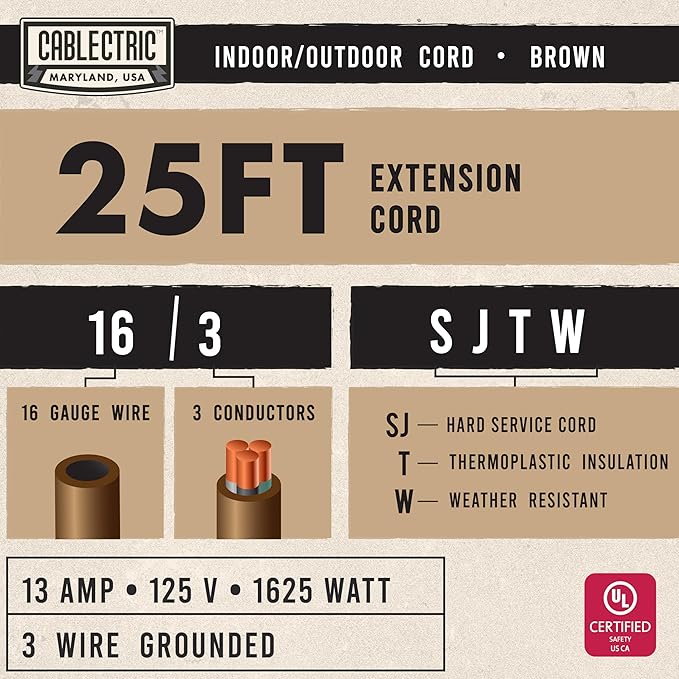 Brown Outdoor Extension Cord 25 ft, 16/3 Heavy Duty Cable with 3 Prong Grounded Plug, 13 AMP Weatherproof Exterior Cable 3 Prong 25 Foot for Deck, Patio, Garden, Lawn & Landscaping