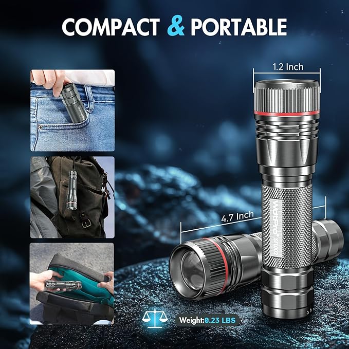 WdtPro Rechargeable Flashlights High Lumens, 2 Pack 10H Long Lasting Super Bright EDC Flashlight, LED Mini Tactical Flash Lights for Camping Emergency, Drop & Water Resistant Grey(Battery Included)