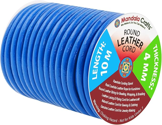 Mandala Crafts Round Genuine Blue Leather Cord for Jewelry Making – 4mm Cowhide Leather Rope String Lace for Kumihimo – 11 Yards Cowhide Craft Cording Spool