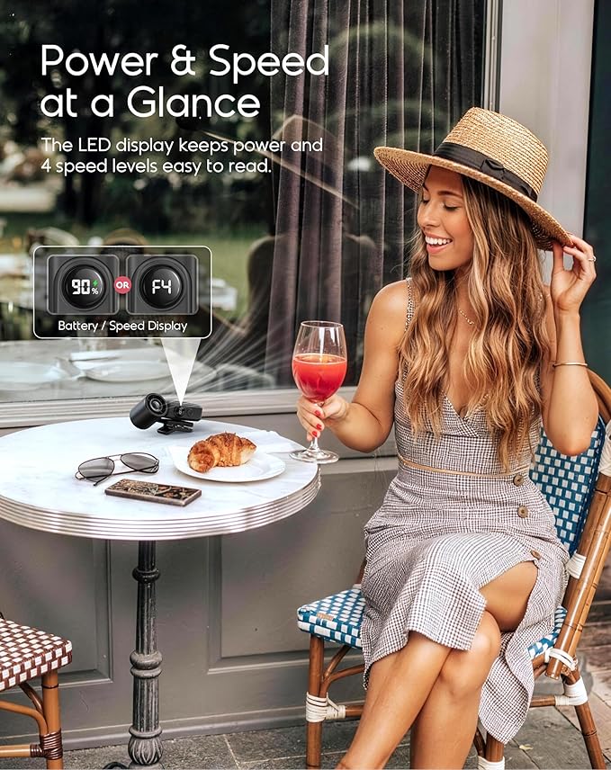 Portable Clip-On Mini Fan, Hands-Free, Turbo Personal Handheld Fans Rechargeable w/ 4 Wind & LED Display, Pocket Size Summer Essentials for Travel/EyeLash/Beach/Concert, Gifts for Women Men(Black)