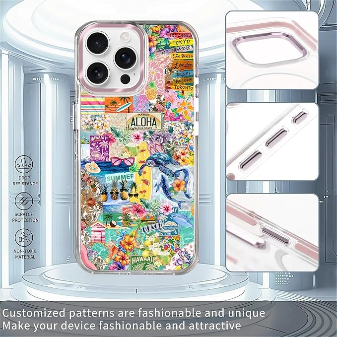 Case for iPhone 15 Pro Max,[Compatible with MagSafe],Hawaii Aloha Cover Coastal Beach Collage Phone Case Design，for Women Girls Magnetic Clear Cover - Slim, Sleek, & Shockproof Protection