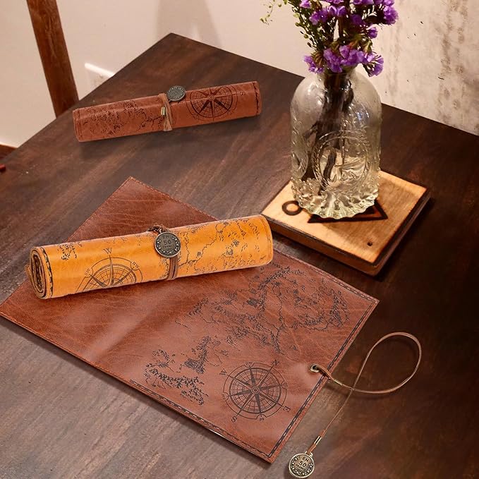 4 Pieces Leather Pencil Case, Creative Map Rollup Pencil Bag, Vintage Makeup Brush Pouch, Brown PU Matte Smooth Cover Storage Pouch Holder Organizer