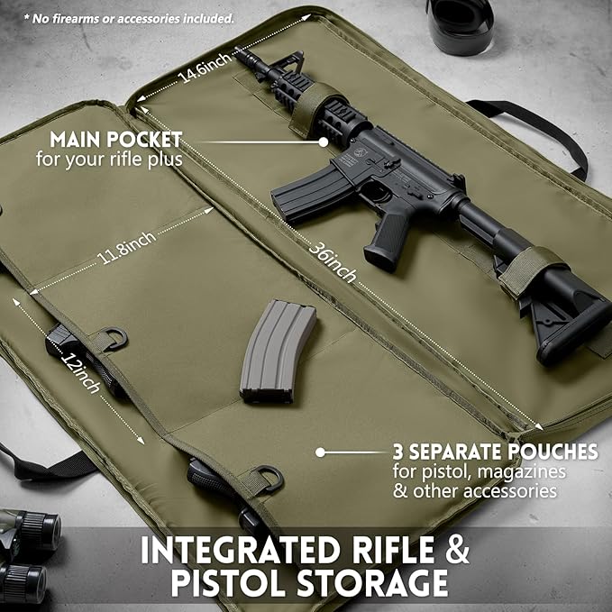 Single Rifle Case Bag, Tactical Padded Soft Gun Case w/MOLLE System, Wide Interior Fits Scoped Rifles, Adjustable Sling, Dual Zipper for Hunting & Range