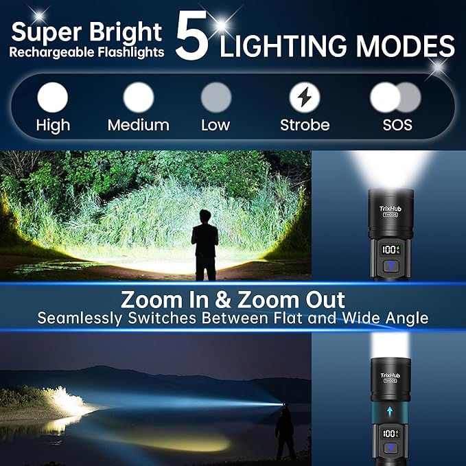 TrixHub Rechargeable Flashlights High Lumens, 5Mode Flash Light with LCD Digital Display, Super Bright Flashlight Adjustable Tactical Flashlight, High Powered LED Handheld Flashlight for Home