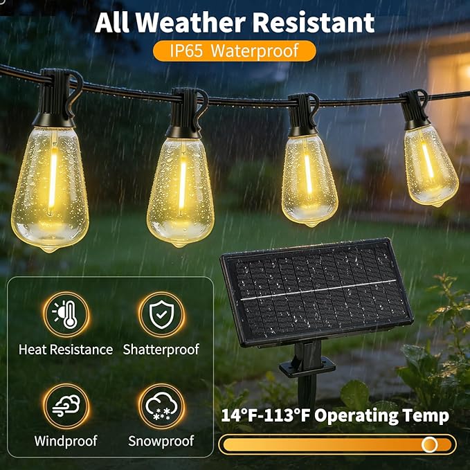 Solar Lights Outdoor Waterproof: ST38 33FT 10M Shatterproof Bulbs Patio Lights - Solar Powered & USB Charging- Remote Control 3 Light Modes Dimmable Solar Light - Camping Backyard Garden