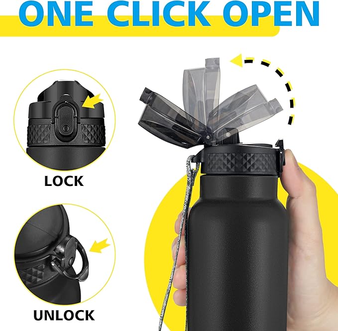 Han's Bottle Kids Water Bottle with Straw Lid - Insulated Stainless Steel Reusable Tumbler for Girls,Boys,Thermo Mug,17oz,Black