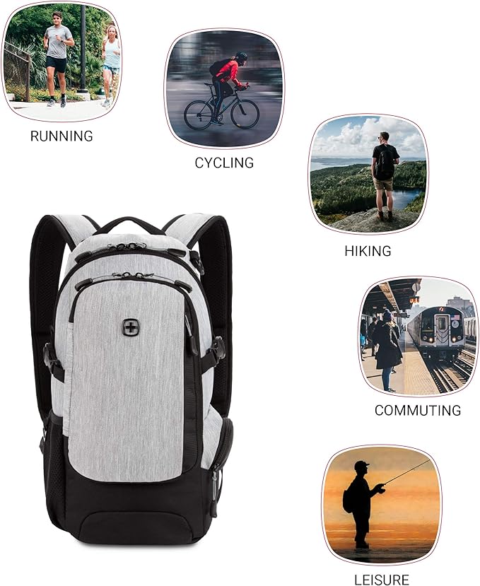 SwissGear 3598 Backpack, Narrow Daypack, Ideal for Commuting and School, Light Grey/Heather
