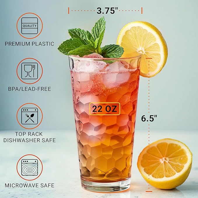 Bravario Hammered Plastic Drinking High Tumbler, Dishwasher-Safe Premium Quality Glasses, BPA-Free Reusable Outdoor Cups, 22 oz Set of 10