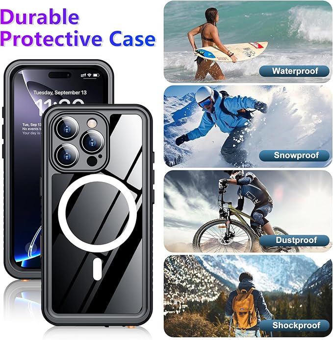 Temdan Compatible with iPhone 16 Pro Case Waterproof, Compatible with MagSafe Built-in Screen & Camera Protector IP68 Underwater Full Body 16FT Military Dropproof Shockproof Phone Case 6.3"-Black