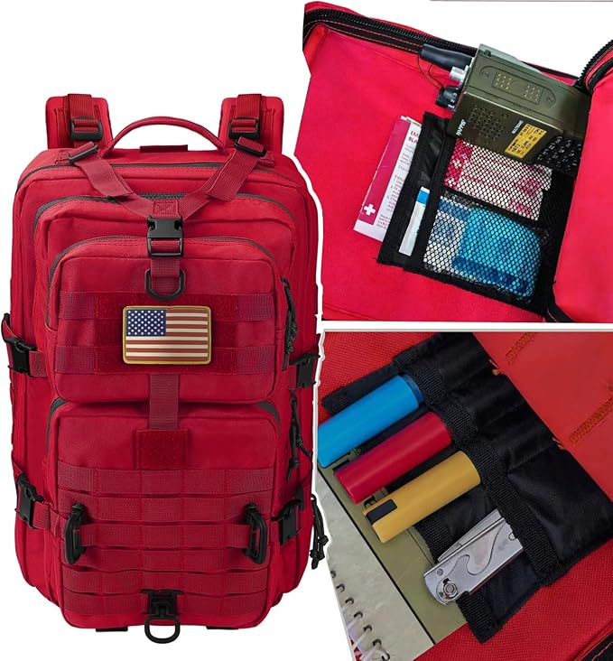 Hannibal Tactical MOLLE Assault Backpack, Tactical Backpack Military Army Camping Rucksack, 3-Day Pack Trip w/USA Flag Patch, D-Rings, Red