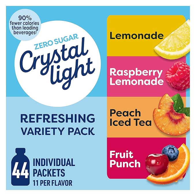 Crystal Light Refreshing Drink Mix Variety Pack, 44 Packets, for Convenient Hydration, Lemonade, Raspberry Lemonade, Peach Iced Tea, Fruit Punch, Natural and Artificial Flavor, Zero Sugar, 4.18 oz