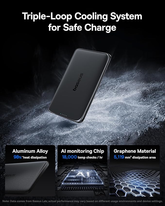 Baseus Picogo Power Bank, 0.3" Ultra Slim 5000mAh MagSafe Battery Pack, Update Polished Alloy Magnetic Portable Charger, Wireless Charger with USB-C Cable for iPhone 17 Pro Max/17 Air/16/15/14/13/12