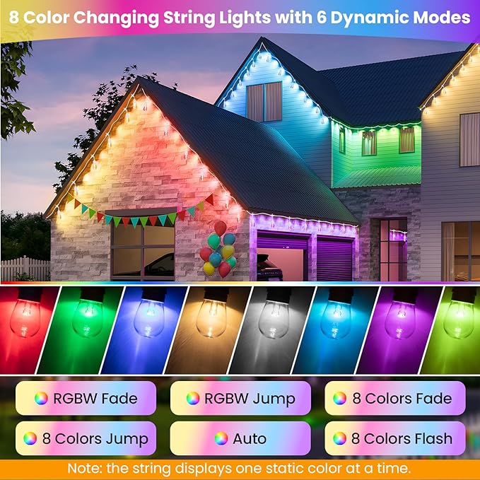 Larkvue 96FT(2X48FT) RGBW Outdoor String Lights with Remote, Patio Lights with 30+3 Vintage S14 Dimmable Waterproof Bulbs for Yard Party Decor, White