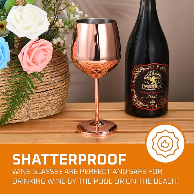Bruntmor Stainless Steel Wine Glass - 17 Oz Unbreakable 8 inches Tall Wine Glasses - Shatterproof, Metal Copper, Stemmed Drinkware For Champagne, Cocktail - Wedding Goblets Glass - 1 Rose Gold